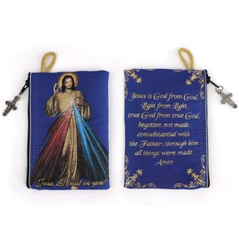 Catholic Rosary Pouch, Divine Mercy of Jesus & Jesus is God, 4" x 6" Jewelry & Coin Purse with Cross, Small Woven Tapestry Icon Bag, Bolsa de Rosario Católico para Joyería