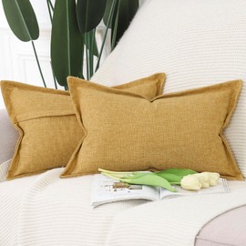 Madizz Set of 2 Linen Cushion Covers with Wide Edge, Soft Decorative Cushion Covers for Sofa, Bedroom, Mustard Yellow, 40 x 80 cm, Rectangular