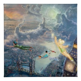 Thomas Kinkade Disney Tinker Bell and Peter Pan Fly to Neverland 14" x 14" Gallery Wrapped Canvas | Frameless Room Wall Art | Certificate of Authenticity Included