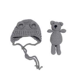 Ederafoto Newborn Photography Props Bear Hat Baby Photoshoots Outfits Photo Posing Crochet Bear Doll Knit Toy Accessories (Grey)