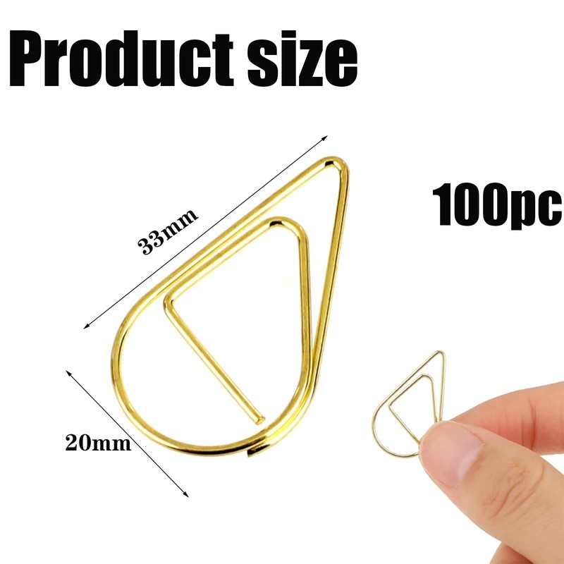 Metal Gold Paper Clips 100Pieces Small Paperclips Office Cute Drop-Shaped