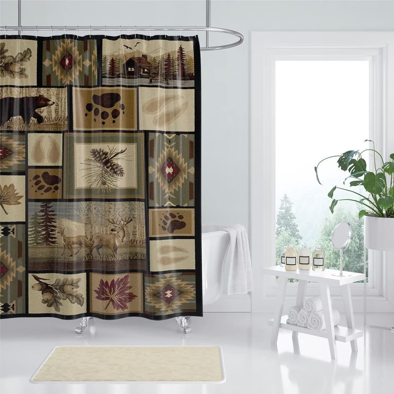 Retro Rustic Shower Curtain, Moose Deer Bear Leaf Tree Country