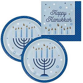 Hanukkah Party Supplies | Tableware Bundle Includes Paper Dessert Plates & Napkins for 16 People | Hanukkah Celebration Design