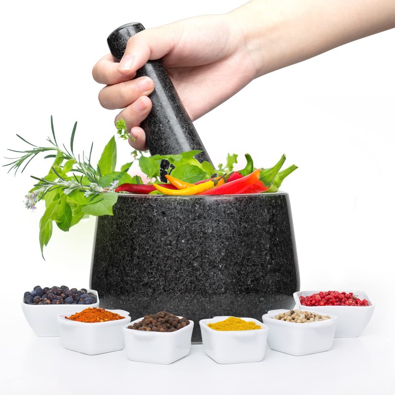 Polished Granite Mortar and Pestle Set, Stone Grinder Bowl for