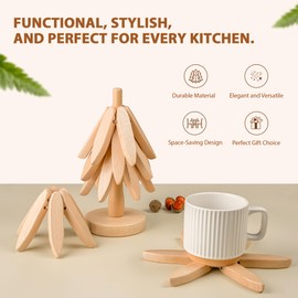 DORNELIA 2 Set Wooden Trivets for Hot Dishes – Tree Shape Trivet Set, Tree Coasters Set of 4, Trivets for Hot Dishes, Pot, Bowl, Teapot, Hot Pot Holders - 8 Wooden Trivet + 2 Stand (Almond, 2 Pack)