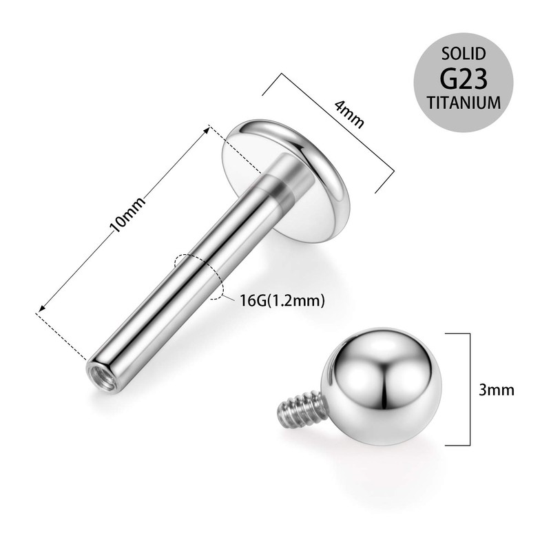 GAGABODY G23 Titanium 16G 3mm Ball Internally Threaded Labret Helix