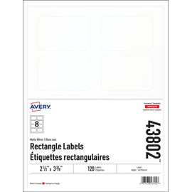Avery Rectangle 2 ⅓" x 3 ⅜", Labels, Laser/Inkjet Printers, Print-to-The-Edge, 120 Labels, Permanent, Rectangle, Matte White, (43802) Made in Canada