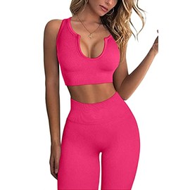 QINSEN Workout Outfits for Women 2 Piece Ribbed Seamless Crop Tank High Waist Yoga Leggings Sets Rosy Red S