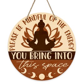 Bolisom Positive Energy Buddha Front Door Sign, Meditation Room Zen Den Wood Door Hanger Decor, Buddhism Wooden Wreath Indoor Spiritual Room Yoga Studio Wall Hanging Decoration