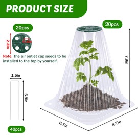 VICAMB 20 Pack Garden Cloches for Plants,Clear Bell Covers Reusable Plant Protector with Rotatable Vent,Garden Protection with 40PCS Ground Stakes from Animals Birds Chicken,7.9" H X 6.7" D