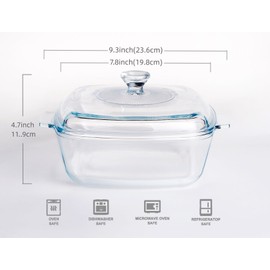 HUSANMP Clear Square Glass Casserole with Lid, Baking Dish with Glass Cover, Glass Casserole for Oven, Freezer and Dishwasher Safe (1.5-Quart Square)