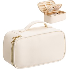 Makeup Bag for Women Small Travel Makeup Bag Organizer Portable Toiletry Bag Cute Makeup Bags Waterproof Leather Cosmetic Bag Makeup Case with Handle, Beige