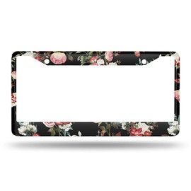 Beabes Vintage Pink Cream Roses License Plate Frame Dark Flower Novelty License Plate Frame Romantic License Plate Car Tag Holder Metal License Plate Frame for US Vehicles Standard