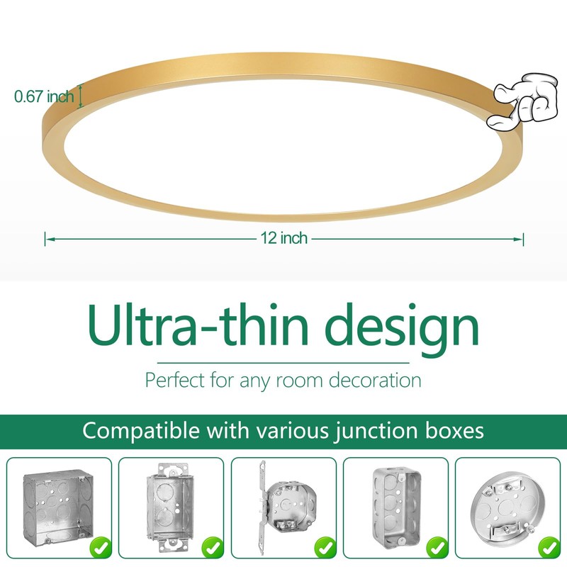 Brightever Gold LED Flush Mount Ceiling Light Fixture, 12 Inch