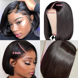Fereowth 4x4 Lace Front Short Bob Straight Wigs Real Hair Wig Women's Natural Brazilian Glueless Wigs for Women 150% Density 25 cm