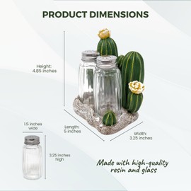 Cactus Salt and Pepper Shaker Set - Premium Resin Holder with Two Quality Bottles - Southwestern Kitchen Décor - Unique Cactus Design for Rustic and Western Style Dining Tables