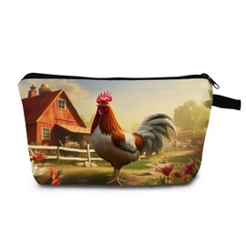 MoCaliduccious Rustic Farmhouse Print Cosmetic Bag Rooster Motif with Vintage Florals Makeup Bag Birthday & Holiday Gift for Countryside Charm Lovers