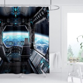 ZXMBF Spaceship Interior Shower Curtain Planet Earth Galaxy Futuristic Science Spacecraft Cabin for Kids Boy Black Home Bathroom Decor Waterproof Fabric 72Lx72W Inch with 12PCS Hooks