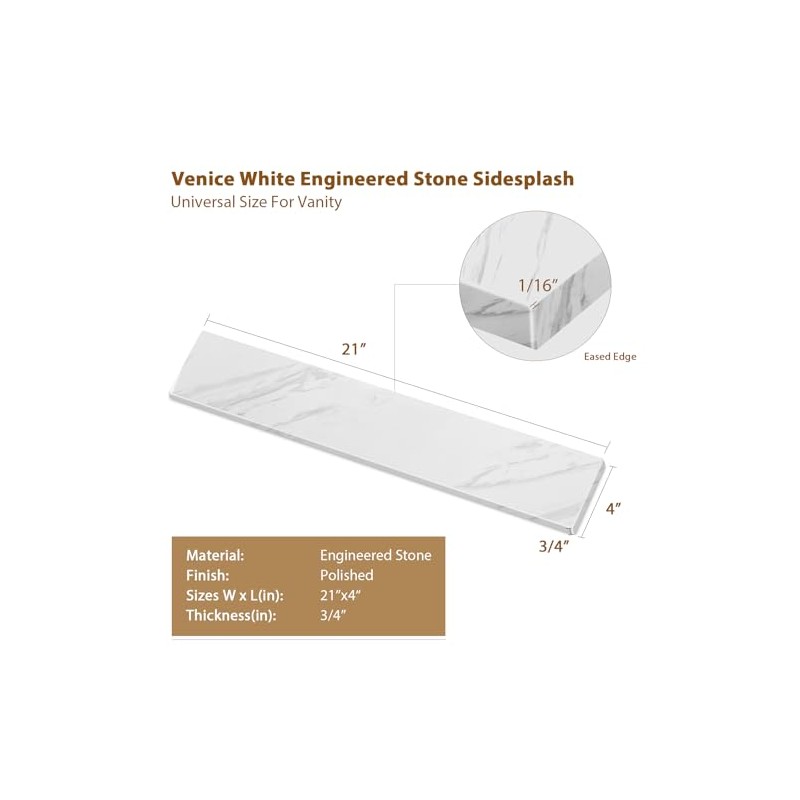 21 Inch Sidesplash in Venice White, Engineered Stone Side Splash