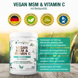 Pharmavital Vegan MSM & Vitamin C Capsules from Germany (Pack of 400) High Dose with 1000 mg Methylsulfonylmethane per capsule