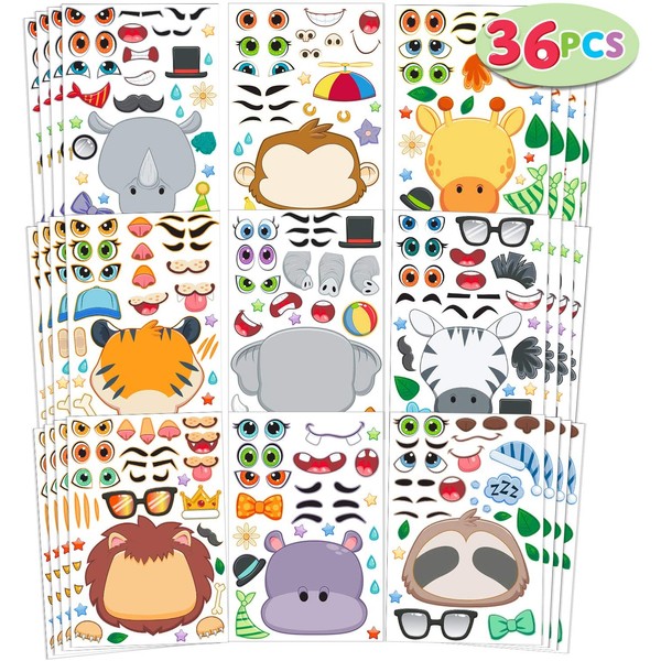 JOYIN 36 PCS Make-a-face Sticker Sheets Make Your Own Safari Animal Mix and Match Sticker Sheets with Safaris Animals Kids Party Favor Supplies Craft