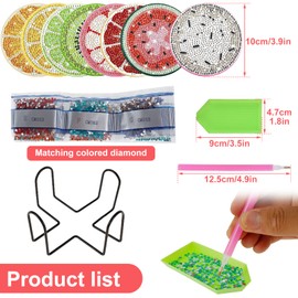 Sesaver 13 Pcs Art Cup Mat Fruit Pattern Art Cup Coasters Kit with Holder Round Tabletop Protection Diamond Drawing Coasters for Adults Kids Beginners Table Office DIY Present