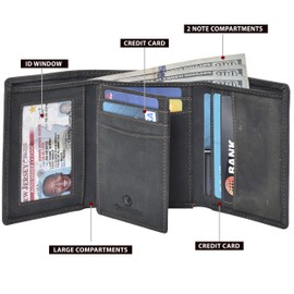 Valenchi-RFID Genuine Leather Trifold Wallet with Flap for Men and Women 9 card slots,2 Note pocket coin pocket & ID window (Black Oily Hunter)