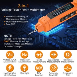 Neoteck 2 in 1 Pen Type Digital Multimeter Non-Contact Voltage Tester 6000 Counts Intelligent Multimeter with LCD Display for AC/DC Voltage Resistance Diode Continuity Capacitance Frequency-Orange