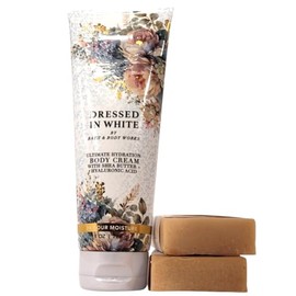 Bath and Body Dressed In White Ultimate Hydration Body Cream Full Size with Rosebud Ranch Goat Milk Soap Sample