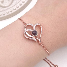 Crystal Zircon Double Heart Charm Box Chain Bracelet, Say I Love You in 100 Languages Adjustable Jewelry for Mom Wife's Anniversary Bracelet