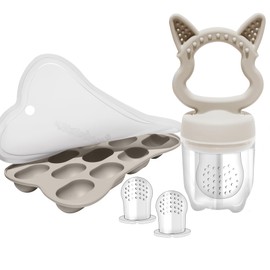 BIGSPINACH Baby Feeding Set - Boston Terrier Soft Silicone Ice Tray, Baby Fruit Food Feeder, Breastmilk Popsicle Molds - BPA-Free (White)