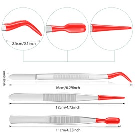Honoson 3 Pieces Tweezers with Rubber Tips PVC Coated Set Rubber Straight Flat Tip Long Bent Tweezers for Crafts Stamps Beads Jewelry Tools(Red)