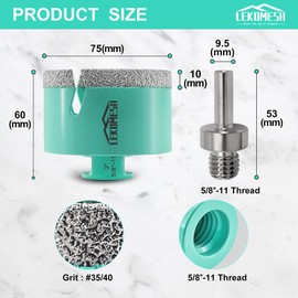 LEKOMESH Diamond Core Drill Bits - 3 Inch(75mm) with 5/8"-11 Thread Tile Hole Saw Cutter & Triangle Shank Adapter for Porcelain Ceramic Tile Marble Granite Stone Quartz