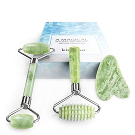 kimkoo Jade Roller and Gua Sha for Face-3 in 1 Kit with Facial Massager Tool,100% Real Natural Jade Stone Anti Aging,Face Beauty Set for Eye Anti-Wrin