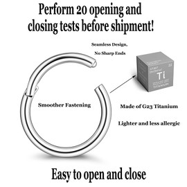 FIOROYAL 6Pcs 18g G23 Titanium Hinged Clicker Nose Rings Seamless Cartilage Hoop Earrings for Men Women 8-12MM Silver