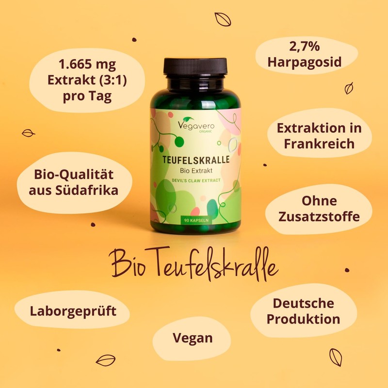 Organic Devil's Claw Capsules Vegavero®, 1,665 mg per daily dose,