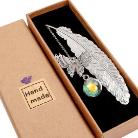 Metal Feather Bookmark with 3D Butterfly and Glass Bead Pendant, Exquisite Bookmark Book Marker for Book Lover, Teachers, Friends, Grandma, Woman and Kids (Silver Feather Blue Ball Yellow F)