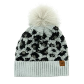 Britt's Knits Womens Knit Cozy Ribbed Cuff Cold Weather Leopard Warm Vegan Fur Pom Hat Animal Print - Gray