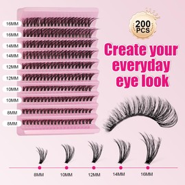 LOPHE Einzelne Wimpern, 200Pcs Cluster Wimpern D Curl 8-16mm, DIY Wimpern Extensions Set mit Bindung und Siegel, 40D Individuelle Lashes Extensions Einsteiger-Kit