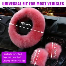 Ziciner 3PCS Wool Steering Wheel Cover with Fuzzy Handbrake Cover & Gear Shift Cover, Universal 15 Inch Steering Wheel Fluffy Soft Protector, Comforting Warm Car Decoration for Women Men (Pink)