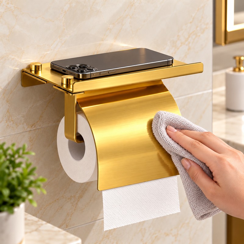 Stainless Steel Toilet Paper Holder with Shelf, Wall-Mounted Bathroom Tissue