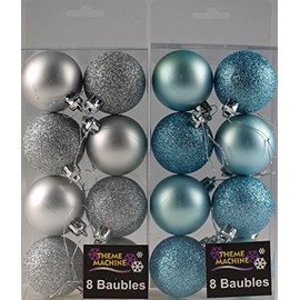 DP Set Of 16 Ice Blue And Silver Christmas Tree Baubles Decorations