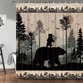 Rustic Bear Shower Curtain Set, Forest Woodland Hunting Animal Cabin Bath Curtains, Farmhouse Lodge Wooden Board Bathroom Decor Polyester 47" x 64"