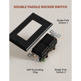 AIDA Single Pole Double Paddle Rocker Decorator Light Switch, 15 Amp Self-grounding Electrical Light Switches, Residential Grade, UL Listed (1 Pack, Glossy Black)