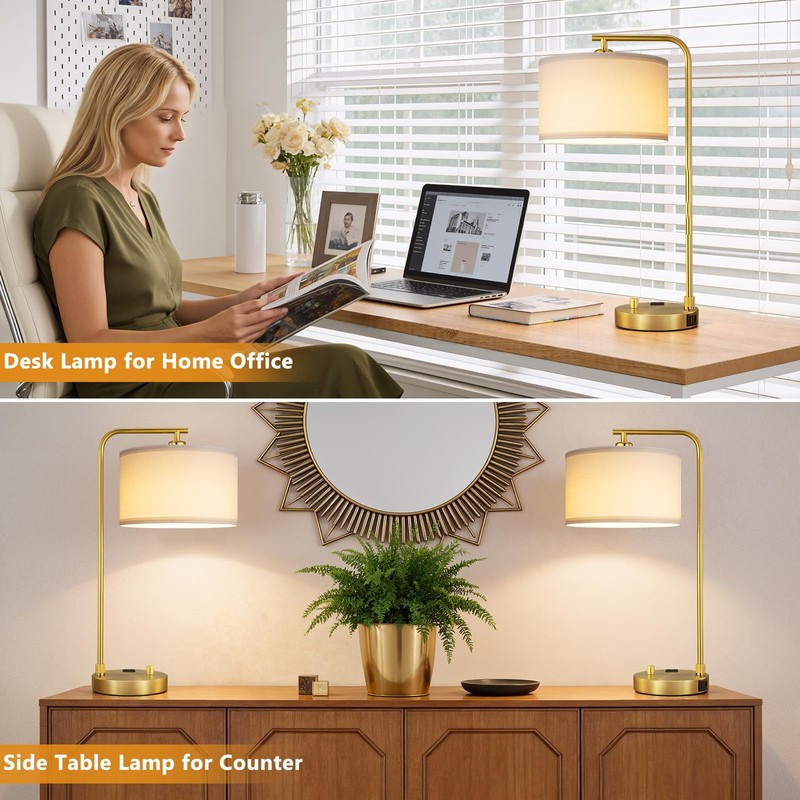 Gold Bedside Lamps Set of 2, Fully Dimmable Lamps for