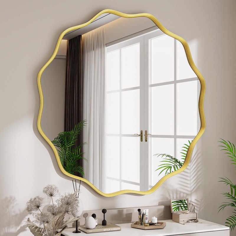 VETROVUE Round Wavy Mirror, 30 Inch Metal Frame Circle Mirror,