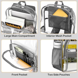 PAMANO Clear Backpack, Heavy Duty Transparent Backpack with Reinforced Bottom See Through Backpack for College, Travel, Workplace Security, Gray