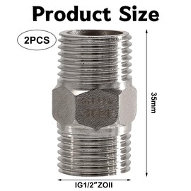 Pack of 2 G1/2 Inch Stainless Steel Double Nipples, 1/2 Inch 304 Stainless Steel Hexagonal Nipple with Male Thread, Double Thread Fitting, Extension Adapter, for Drinking Water Systems, Pipe