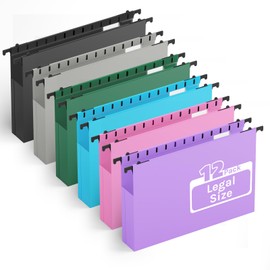 Extra Capacity Legal Plastic Hanging File Folders,2" Expanding Accordian Pocket with Black Insert Gasket,Heavy Duty for Filing Cabinet,Hard and Durable Hang Folders,Legal Size,12 Pack (Assorted Color)
