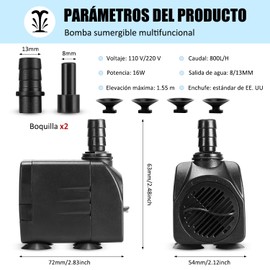 Mini Bomba de Agua Sumergible Silencioso, Bomba para Fuente de Agua Ultra Silencioso para Acuario Aquaponic 800L/H 16W con Dos Boquillas de Diámetro, Bomba para Pecera, Jardín, Estanque, Fuentes